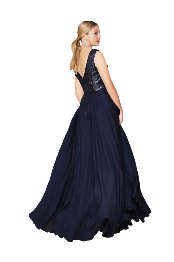 High Neck V-Neck Long Chiffon Prom Dress with Sequin Top UK Clearance