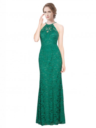High Illusion Halter Neck Long Lace Prom Dress UK Clearance