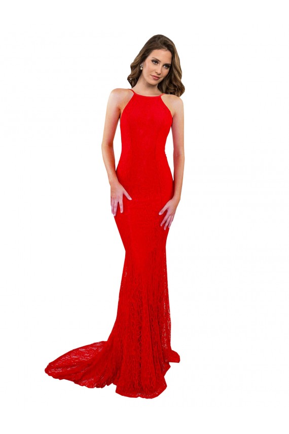 High Neck Long Lace Prom Dress with Open Back Straps UK Clearance