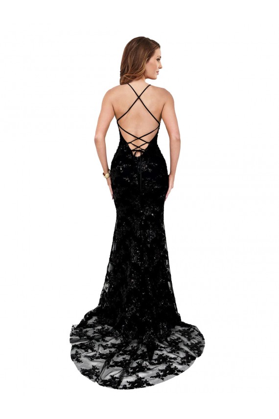 High Neckline Lace Open Back Prom Dress with High Slit UK Clearance