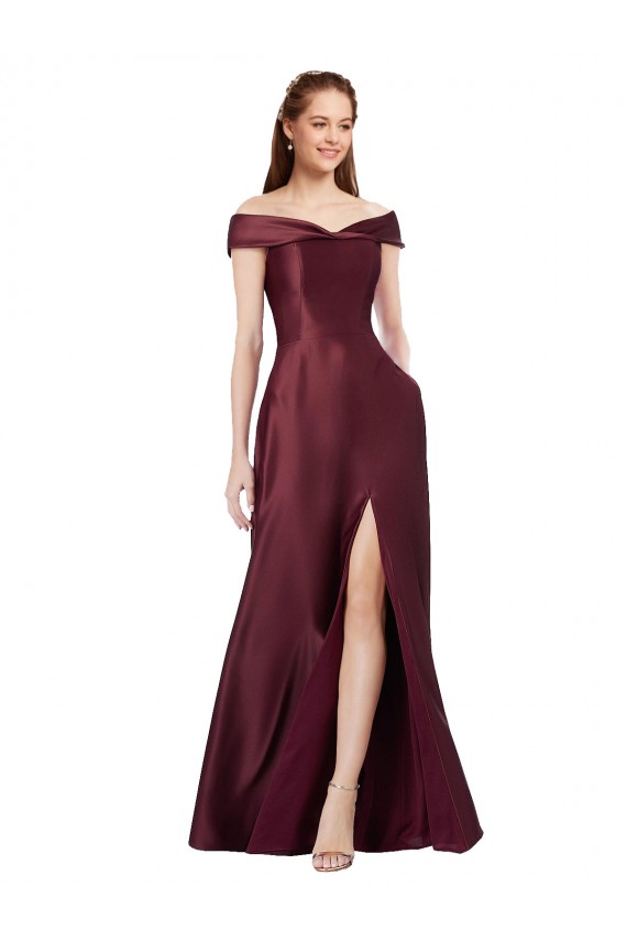 Long Off the Shoulder Satin Prom Dress with Thigh-high Slit UK Clearance