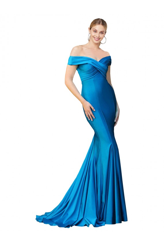 Off the Shoulder Long Chapel Train Satin Prom Dress UK Clearance