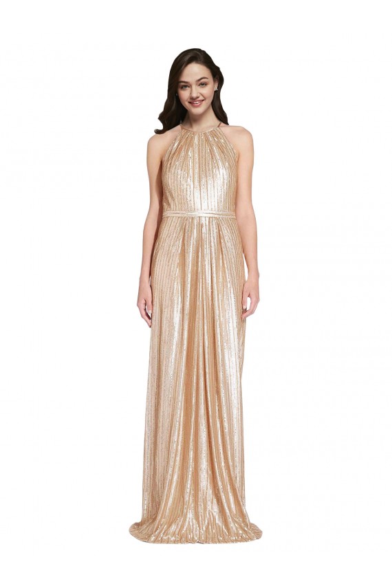 Floor Length Halter Neck Sparkling Sequin Prom Dress with Pleats UK Clearance