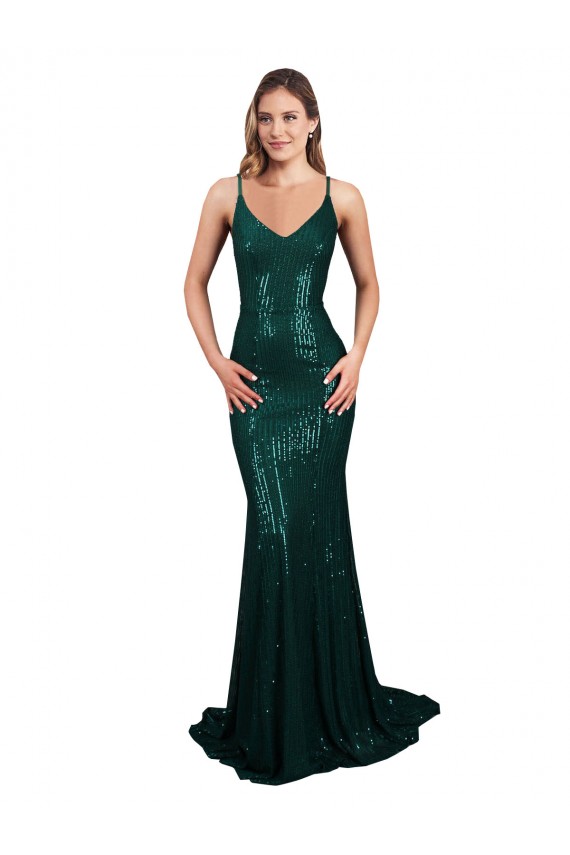 Fishtail Shaped V-Neck Open Back Long Sequin Prom Dress UK Clearance