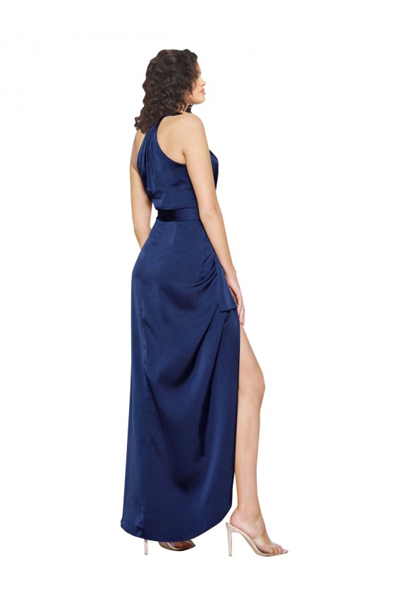 Full Length High Neck Wrap Silky Satin Prom Dress with Waist Tie UK Clearance