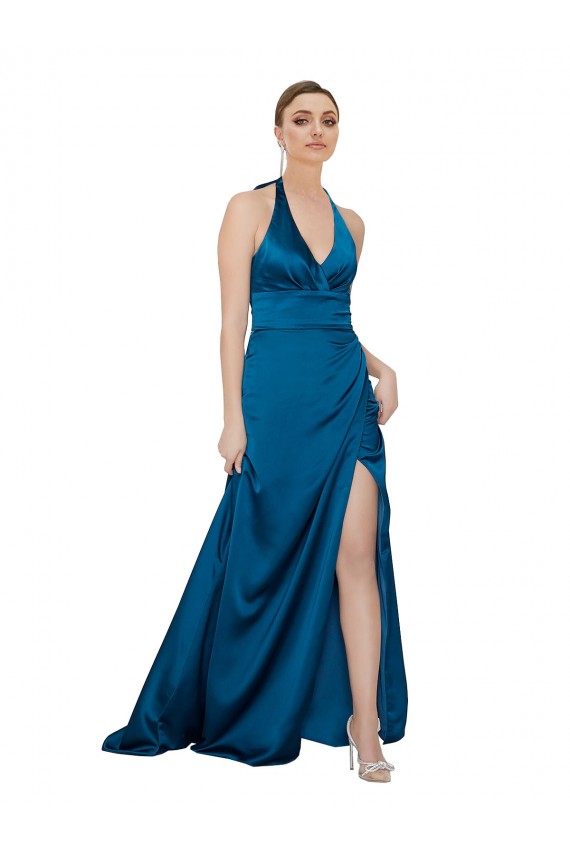 Halter Neck Silky Satin Prom Dress UK Clearance