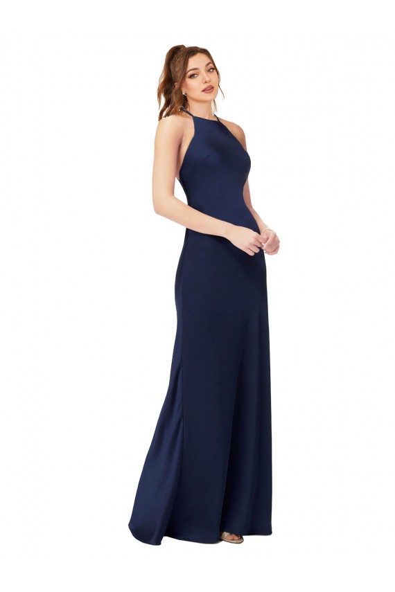 High Neck Satin Prom Dress with Strappy Back UK Clearance