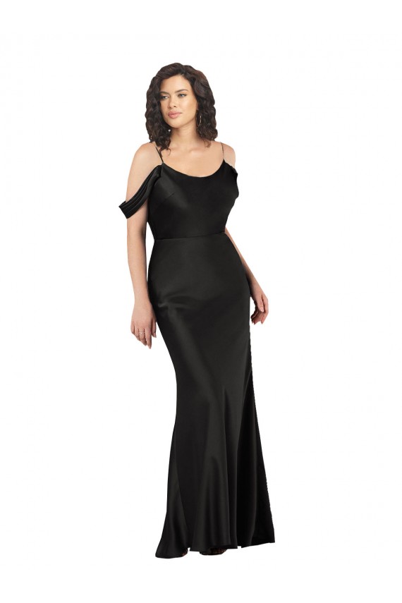 Off the Shoulder Sleeves Silky Satin Prom Dress with Skirt Slit UK Clearance