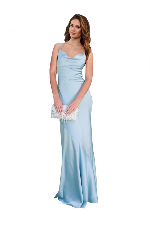 Open Back with Ties Cowl Neck Sheath Silky Satin Long Bridessmaid Dress UK Clearance
