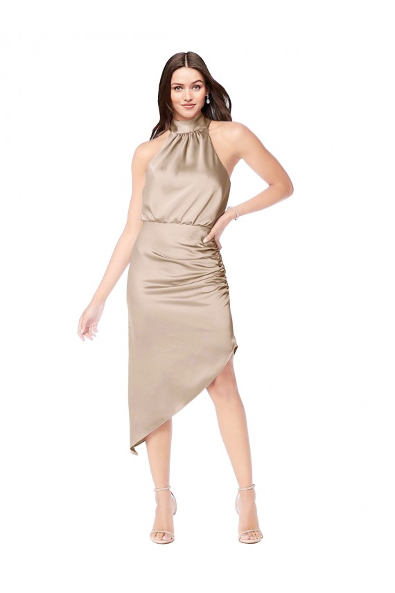 Silky Satin High Low Midi Length Cocktail Prom Dress / Homecoming Dress with Asymmetric Skirt UK Clearance