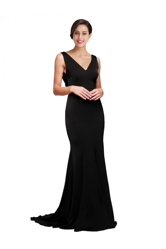 V-Neck Full Length Silky Satin Prom Dress with Soft Cowl Neck and Sweep Train UK Clearance