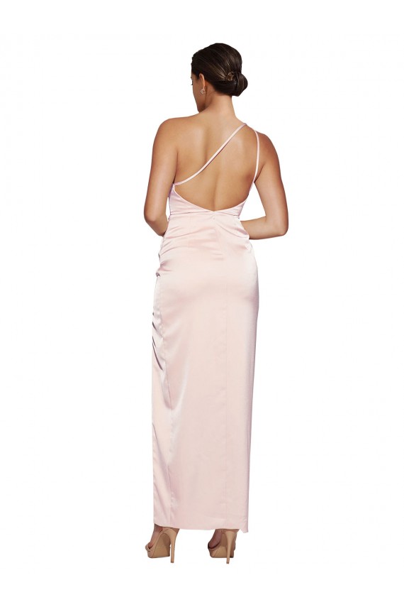One Shoulder Full Length Long Silky Satin Prom Dress with Thigh Split UK Clearance