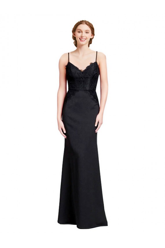 Long Chiffon Prom Dress with Lace Bodice and Curved V-Neckline UK Clearance
