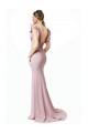 Low V-Back Long Mermaid Crepe Prom Dress with Ruffled Sleeves UK Clearance
