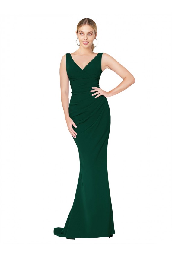 V-Neck Floor Length Long Crepe Mermaid Prom Dress UK Clearance