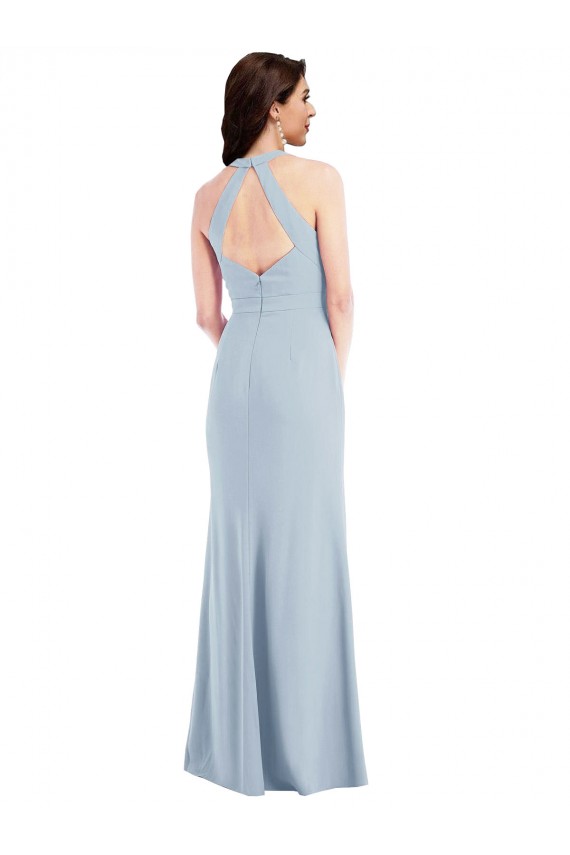 Open Back Halter Maxi Crepe Prom Dress with Draped Bow UK Clearance