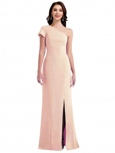 One Shoulder Cap Sleeves Trumpet Crepe Prom Dress with Front Slit UK Clearance
