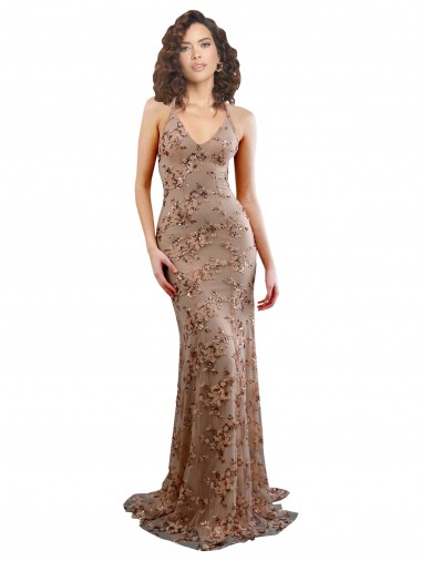 Floral Patterned Backless V-Neckline Sequin Prom Dress UK Clearance