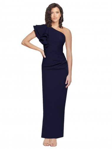Ruched Floor Length Long Crepe Prom Dress with Shoulder Ruffles UK Clearance