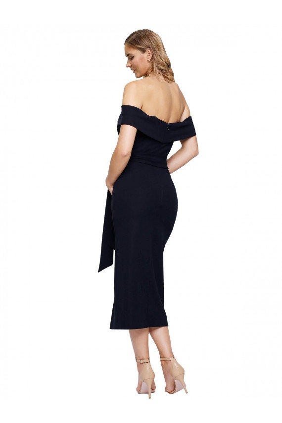 Fitted Short Midi Length Off the Shoulder Crepe Cocktail Prom Dress / Homecoming Dress with Side Split and Waist Tie UK Clearance