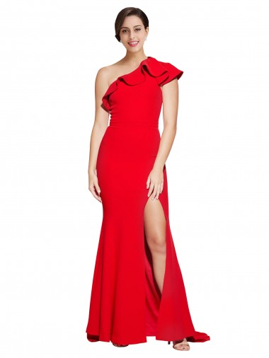 One Shoulder Long Sweep Train Crepe Prom Dress with Thigh High Split UK Clearance