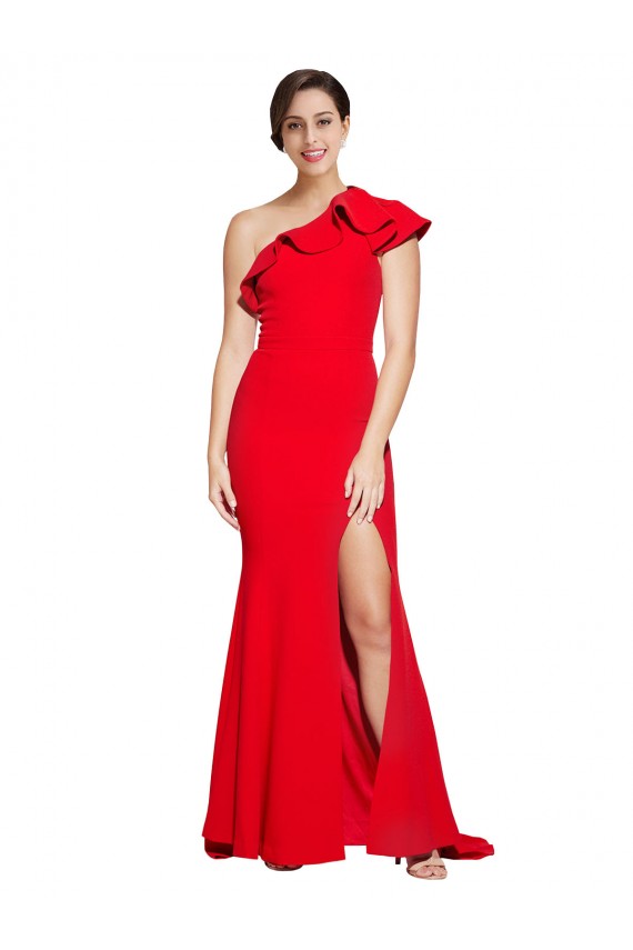 One Shoulder Long Sweep Train Crepe Prom Dress with Thigh High Split UK Clearance