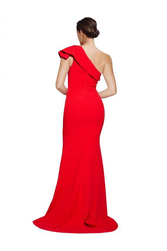 One Shoulder Long Sweep Train Crepe Prom Dress with Thigh High Split UK Clearance