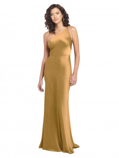 One Shoulder Long Floor Length Stretch Satin Slip Prom Dress UK Clearance