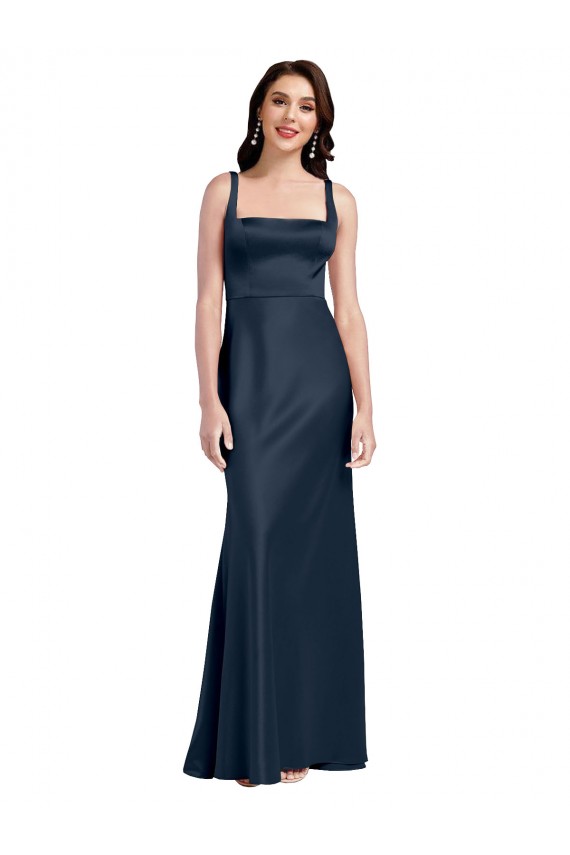 Square Neck A-Line Long Stretch Satin Prom Dress with Wide Straps UK Clearance