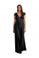 Plunging V-Neck Cap Cleeves Long Stretch Satin Prom Dress with Keyhole Back UK Clearance