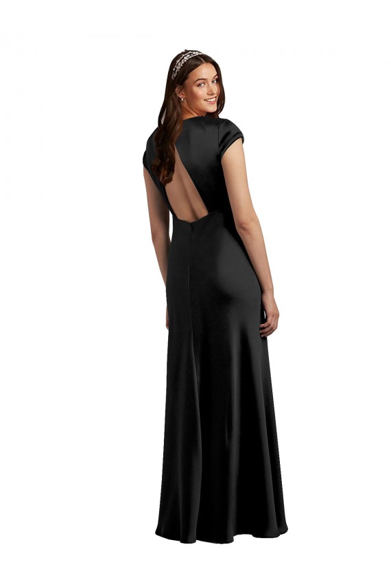 Plunging V-Neck Cap Cleeves Long Stretch Satin Prom Dress with Keyhole Back UK Clearance