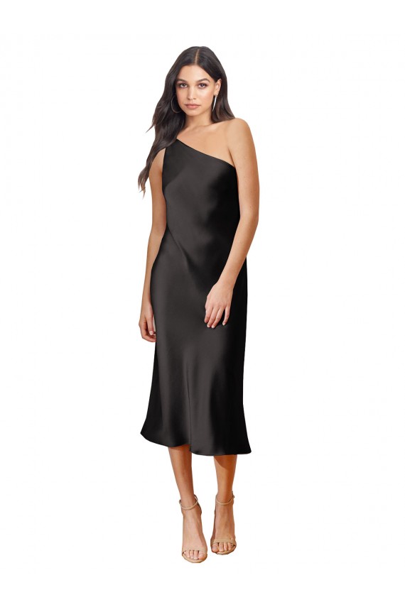 Sleek One Shoulder Midi Length Short Stretch Satin Slip Cocktail Prom Dress / Homecoming Dress UK Clearance