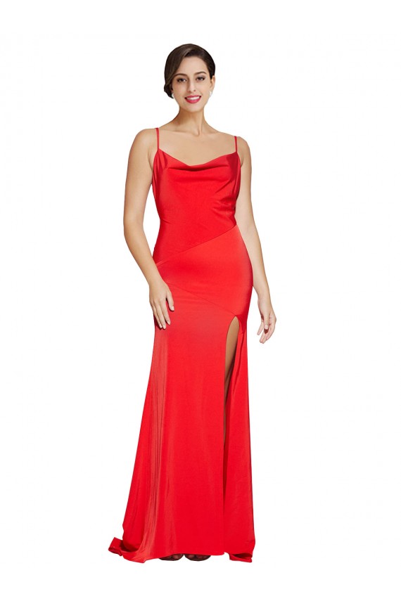 Low Back Cowl Neck Stretch Satin Prom Dress with High Side Slit UK Clearance