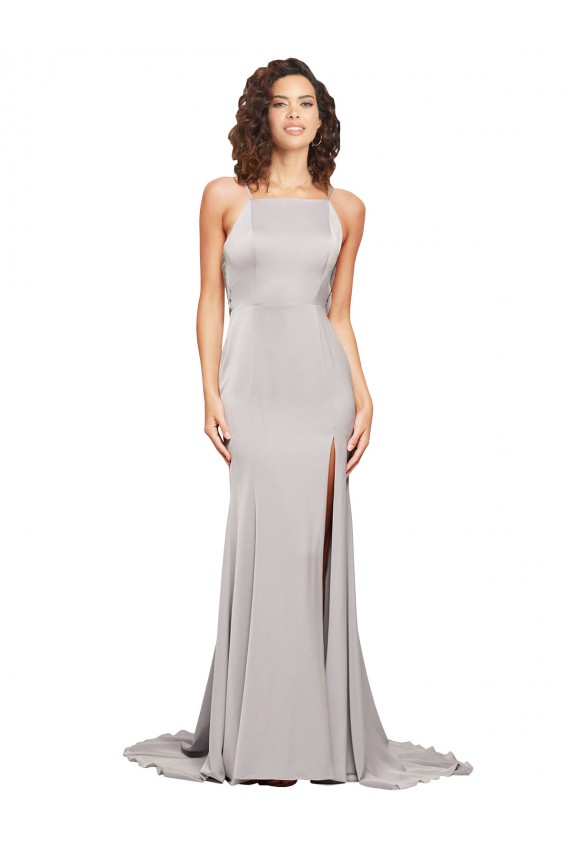 High Neck Low Back Long Full Length Stretch Satin Prom Dress UK Clearance