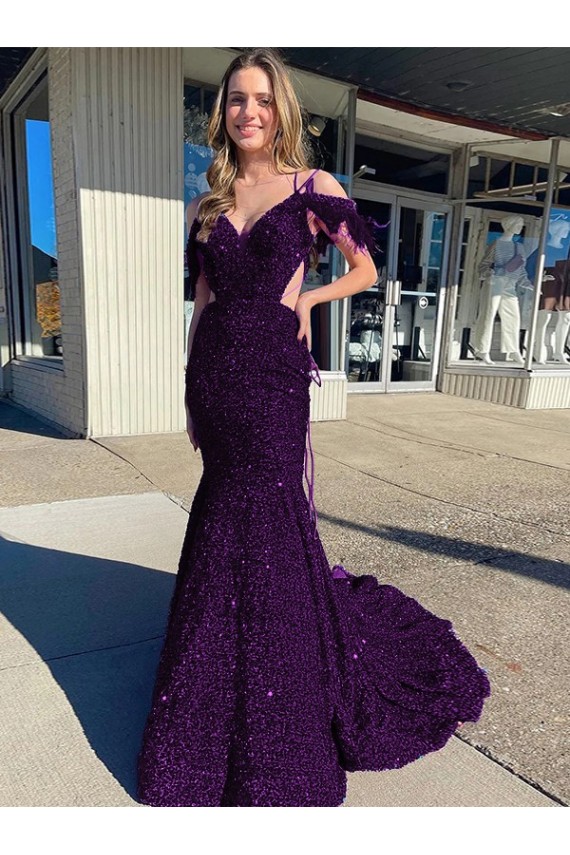 Cold Shoulder Sleeveless Long Court Train Velvet Sequin Prom Dress UK Clearance