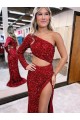 Mermaid One Shoulder Long Sleeves Long Sweep Train Velvet Sequin Prom Dress with High Slit UK Clearance