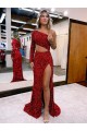 Mermaid One Shoulder Long Sleeves Long Sweep Train Velvet Sequin Prom Dress with High Slit UK Clearance