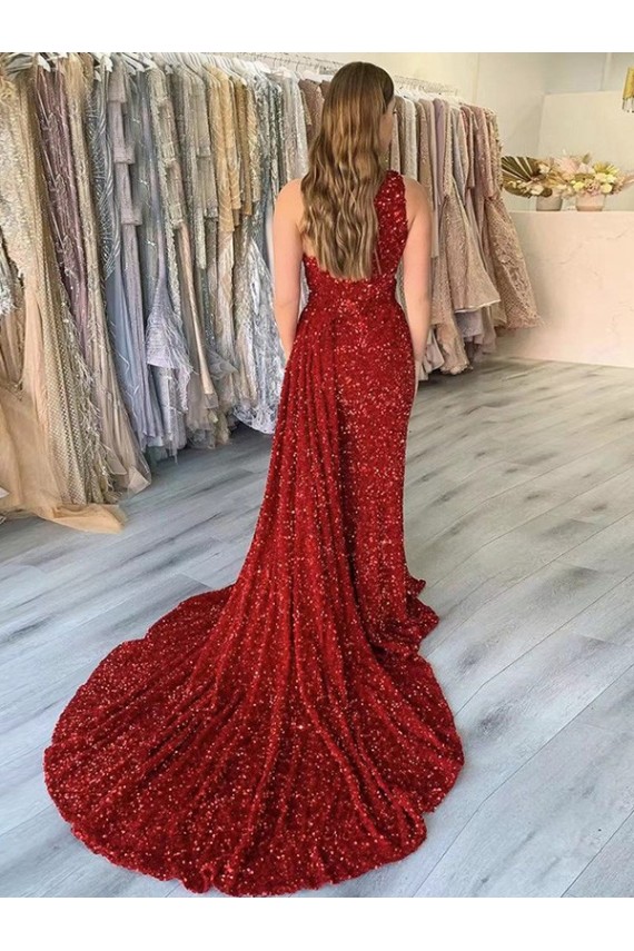 One Shoulder Sleeveless Long Court Train Velvet Sequin Prom Dress with Slit UK Clearance
