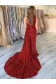 One Shoulder Sleeveless Long Court Train Velvet Sequin Prom Dress with Slit UK Clearance