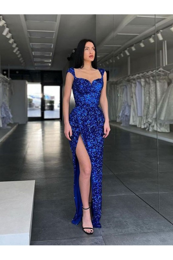 Sleeveless Long Sweep Train Velvet Sequin Prom Dress with High Slit and Straps UK Clearance