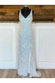 V-Neck Sleeveless Long Sweep Train Velvet Sequin Prom Dress UK Clearance