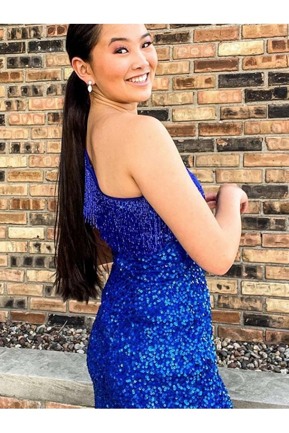 One Shoulder Sleeveless Short Velvet Sequin Royal Blue Prom Dress UK Clearance