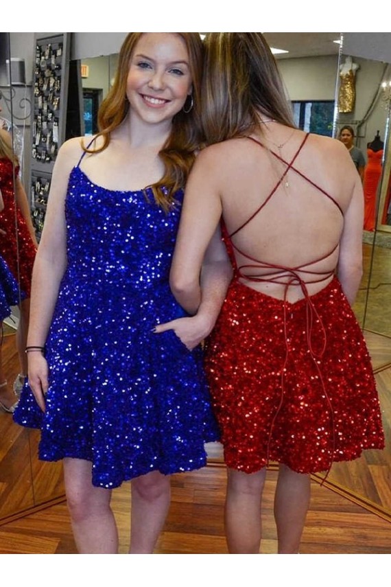A-Line Spaghetti Straps Sleeveless Short Velvet Sequin Prom Dress UK Clearance
