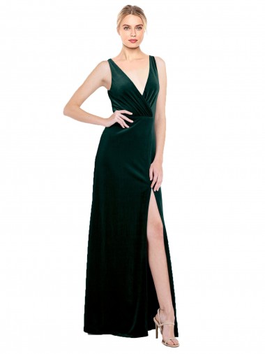 Sleek V-Neck Long Velvet Prom Dress with Side Slit UK Clearance