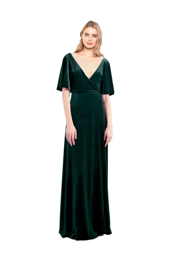Deep V-Neck Flutter Sleeves Long Velvet Wrap Prom Dress UK Clearance