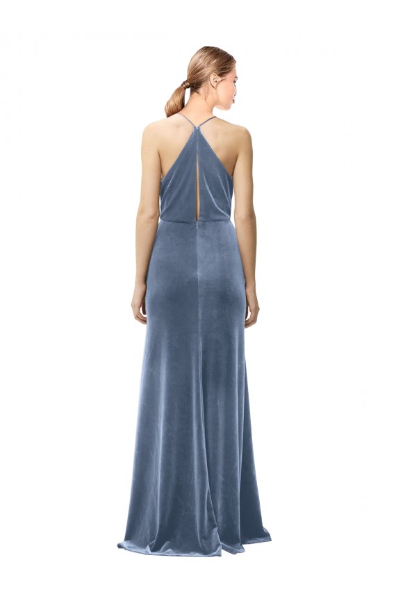 Halter Cowl Neck Long A-Line Velvet Prom Dress with Keyhole Back UK Clearance