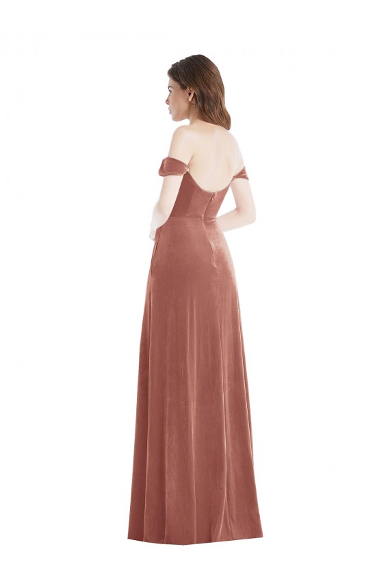 Off the Shoulder Flounce Sleeve Velvet Maxi Prom Dress & Pockets UK Clearance