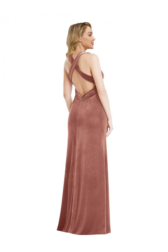 Plunging Neckline Velvet Maxi Prom Dress with Criss Cross Open Back UK Clearance
