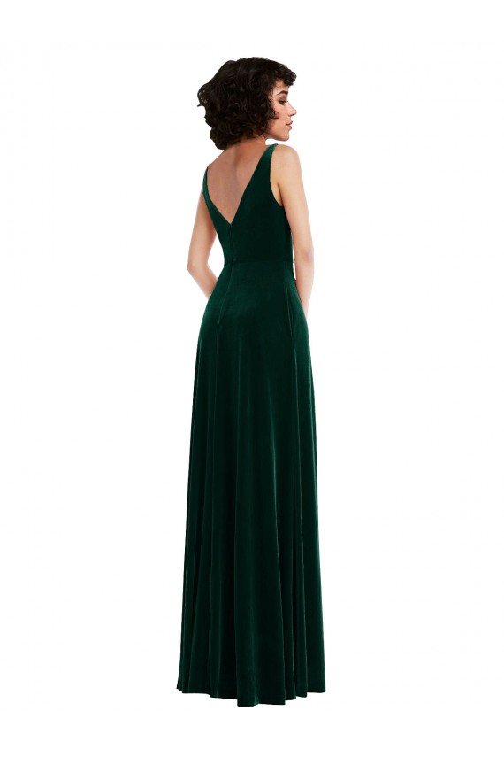 Floor Length Velvet Maxi Prom Dress with Shirred Bodice and Front Slit UK Clearance